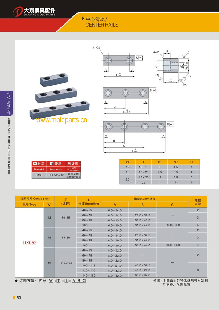 東莞大翔模具配件有限公司專業生產中心滑軌，中心滑軌的材質、熱處理、硬度、標準、型號等詳情說明和介紹，您可以通過本頁面下單留言或者發送詢/報價