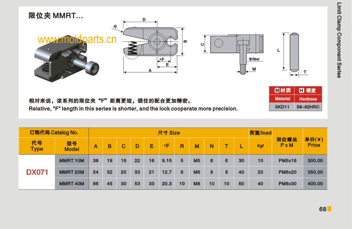 東莞大翔模具配件有限公司專業(yè)生產(chǎn)DME標(biāo)準(zhǔn)MMRT限位夾，DME標(biāo)準(zhǔn)MMRT限位夾的材質(zhì)、熱處理、硬度、標(biāo)準(zhǔn)、型號等詳情說明和介紹，您可以通過本頁面下單留言或者發(fā)送詢/報(bào)價