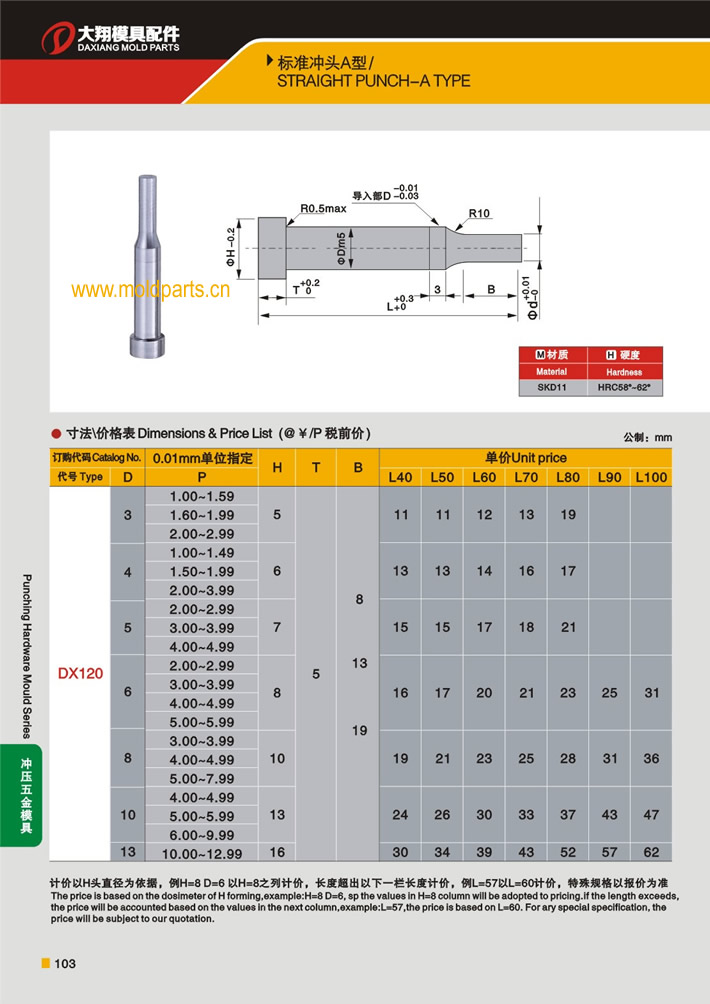 東莞大翔模具配件有限公司專業(yè)生產A型沖頭，A型沖頭的材質、熱處理、硬度、標準、型號等詳情說明和介紹，您可以通過本頁面下單留言或者發(fā)送詢/報價