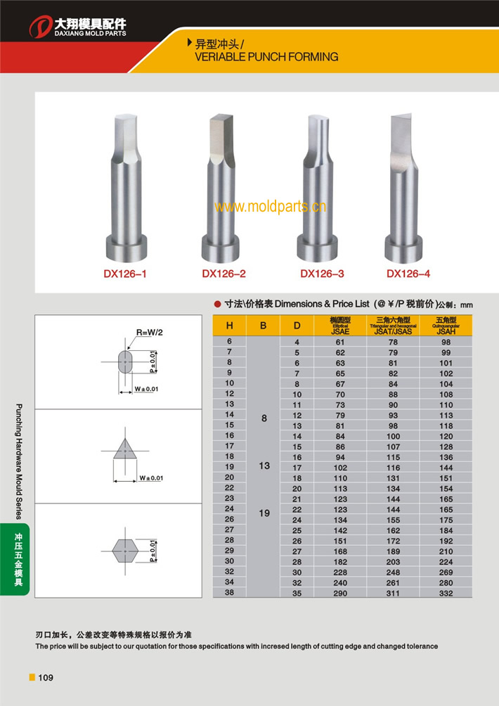 東莞大翔模具配件有限公司專業(yè)生產(chǎn)異型沖頭(非標沖頭)，異型沖頭(非標沖頭)的材質(zhì)、熱處理、硬度、標準、型號等詳情說明和介紹，您可以通過本頁面下單留言或者發(fā)送詢/報價